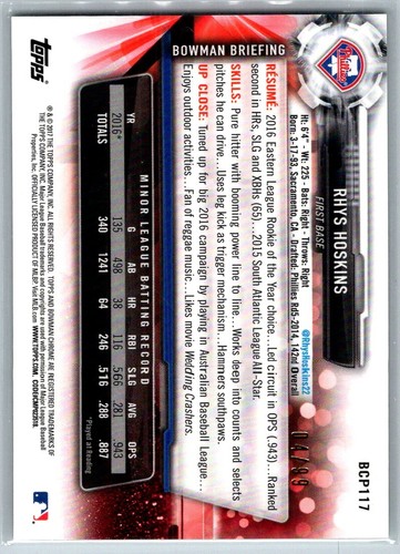 Rhys Hoskins 2017 Bowman Chrome Prospects Mega Green Refractor 04/99 #BCP117 - Picture 2 of 2
