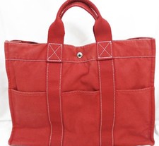 HERM S Red Canvas Deauville MM Tote Bag, Silver Hardware, Authentic