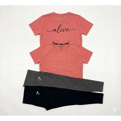 Gymshark Whitney Simmons Alive Tee & Seamless Leggings Bundle Set Coral Black M