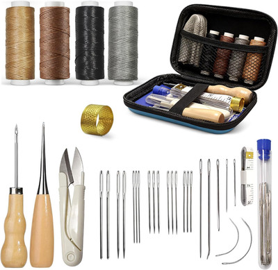 Leather Sewing Kit, Upholstery Repair Kit with Waxed Thread, Sewing Awl, Needles