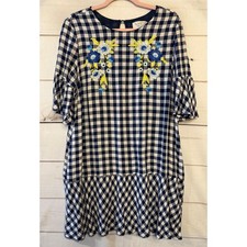 LABEL by twelve Gingham Embroidered Ruffle Dress Navy White Women's Size 10