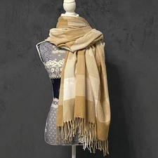 LOFT Blanket Scarf Plaid Tan White Fringed Wide Rectangle Shaw Wrap Old Money