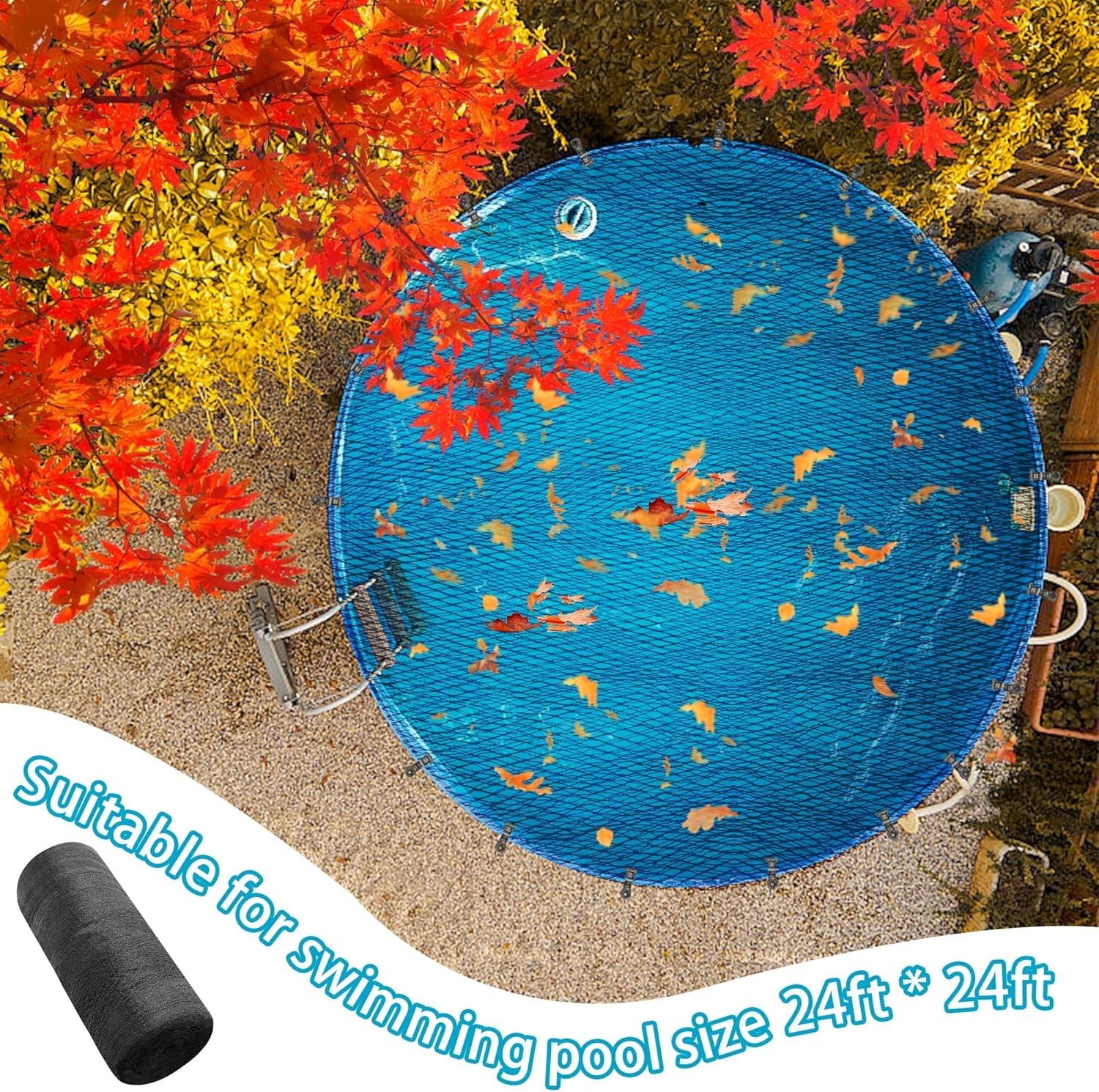 27X27 Ft round Swimming Pool Leaf Net Cover,Pool Mesh Cover with 16 Pcs Metal Cl