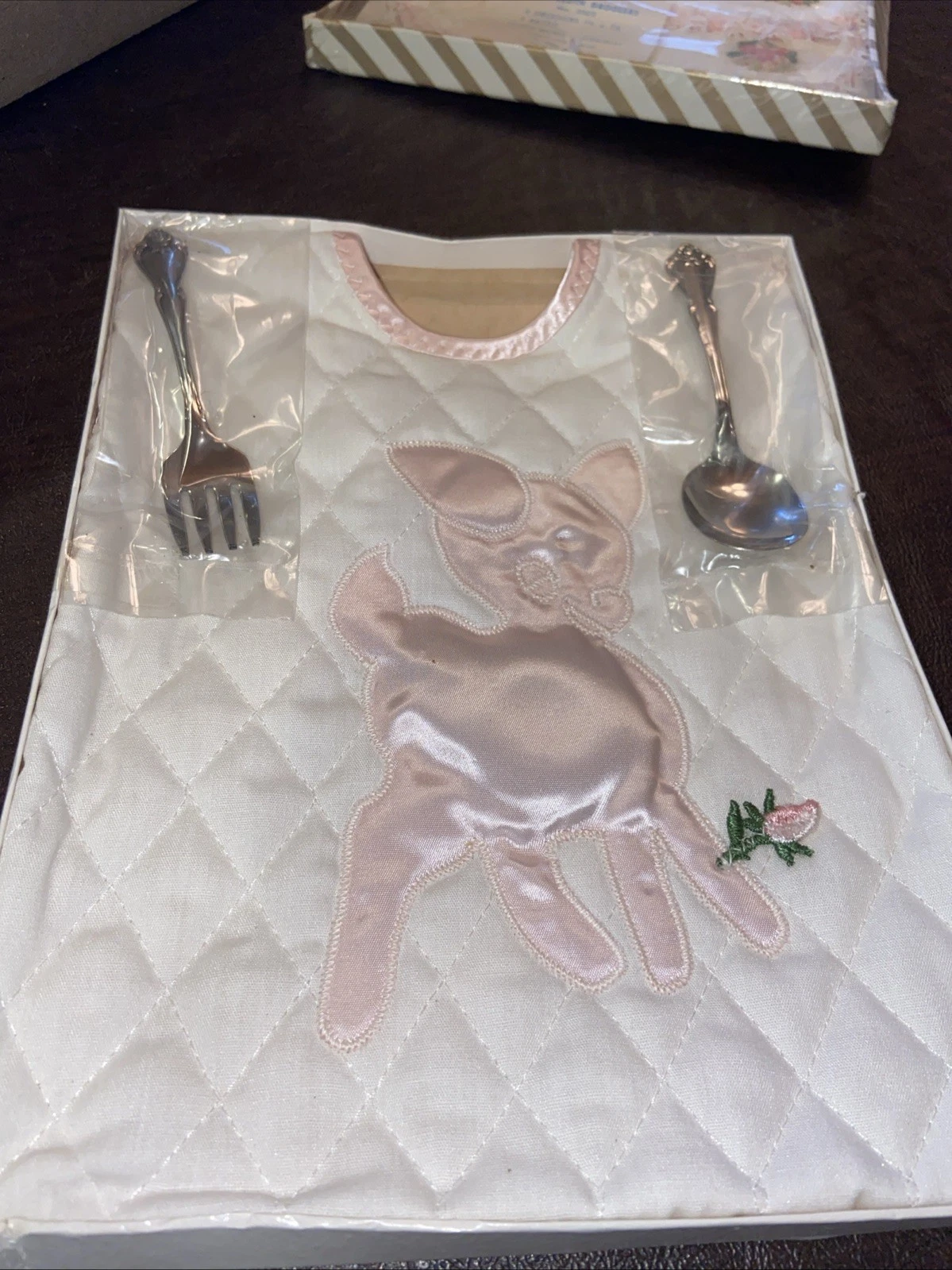 Vtg Galante Studio Deer Baby Bib And Fork And Spoon Pink Satin Trim Acrylic