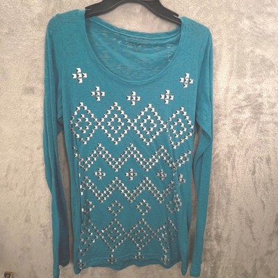 Roper Teal Blue Studded Geometric Aztec M Cowgirl Slub Knit Layering Bohemian