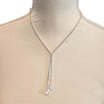 Necklace Vintage Monet Lariat Y Drop Teardrop Rhinestone Silver Tone 18'' SKU2879