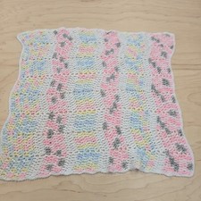 Hand-Crochet Pink  White Square Baby Blanket Afghan 24"x21" Baby New Born