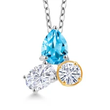 925 Sterling Silver and 10k Yellow Gold Swiss Blue Topaz and White Moissanite 3