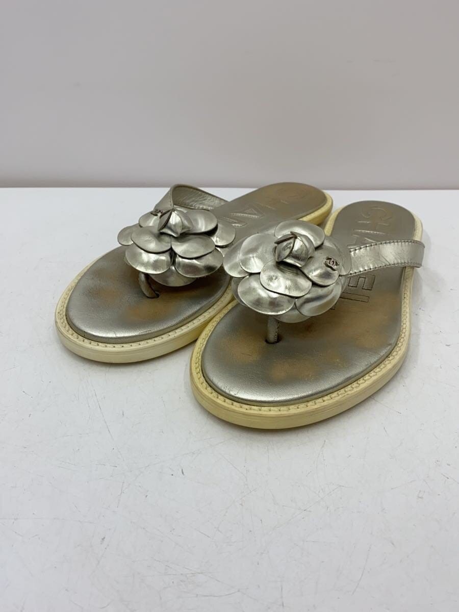 CHANEL Camellia Flower Silver Leather Flip Flops EU 38 Preowned