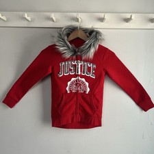 Justice Active Girls Size 8 Hoodie Jacket Red Faux Fur Hood Full Zip Sequins