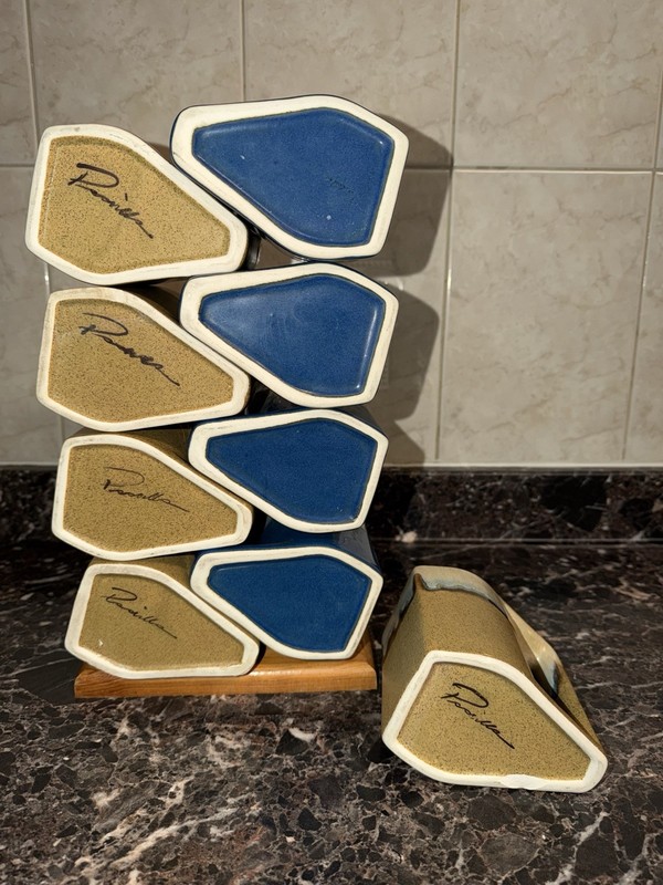 Rodolfo Padilla Drip Glazed Coffee Mugs With Wood Stand Signed Set of 9!!!