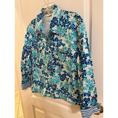 Drapers & Damons Womens Jacket Button Down Stretch Blue White Floral Petite L 
