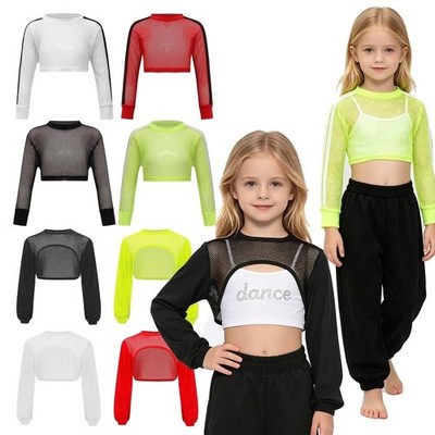 Kids Girls Mesh Long Sleeves Crop Top for Jazz Hip Hop Dance Performance Shirts