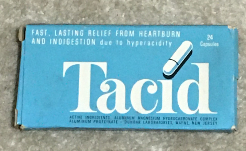 Vntg c1970s TACID brand Heartburn & Indigestion Cardboard Box & Pills, Wayne NJ