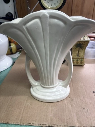 Vintage USA Pottery Ivory Ceramic Fan Vase Double Handle Art Deco Style