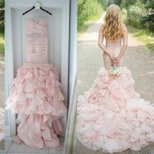 Blush Pink Tulle Wedding Dresses Sweetheart Neck Lace Beaded Tiered Bridal Gowns