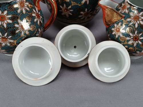 Japanese Kutani Hand Painted White Gold Floral Scrolls Green Beaded Teapot Trio - Picture 5 of 11