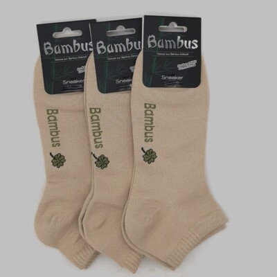 3 Paar Damen Bambus Glück Sneaker  Socken weicher Softrand Sorbtek Uni Beige
