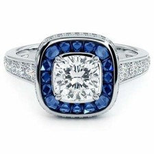 Antique Art Deco Style Cushion Cut Cz Diamond Sapphire Engagement Ring