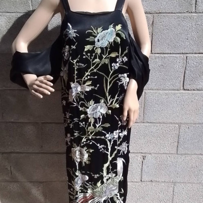 ASOS Satin Dress Size 6 in Black w/ Embroidery and Arm Cuff Sleeves