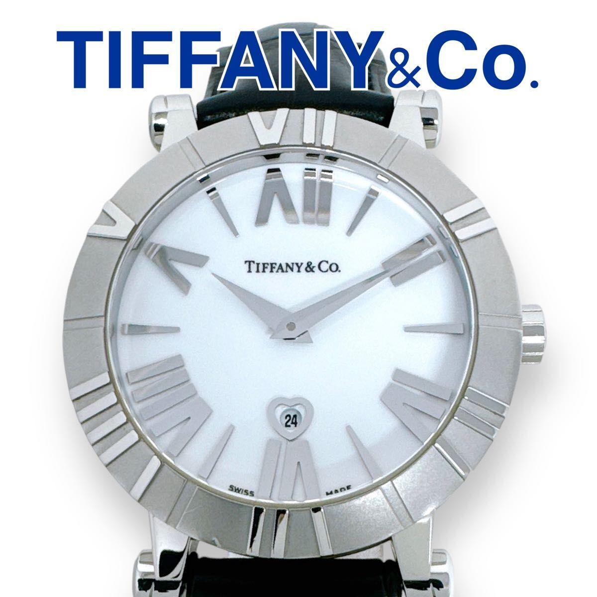 Tiffany Co. Atlas Z1301 Quartz QZ Black Leather Belt Leather White White Wom