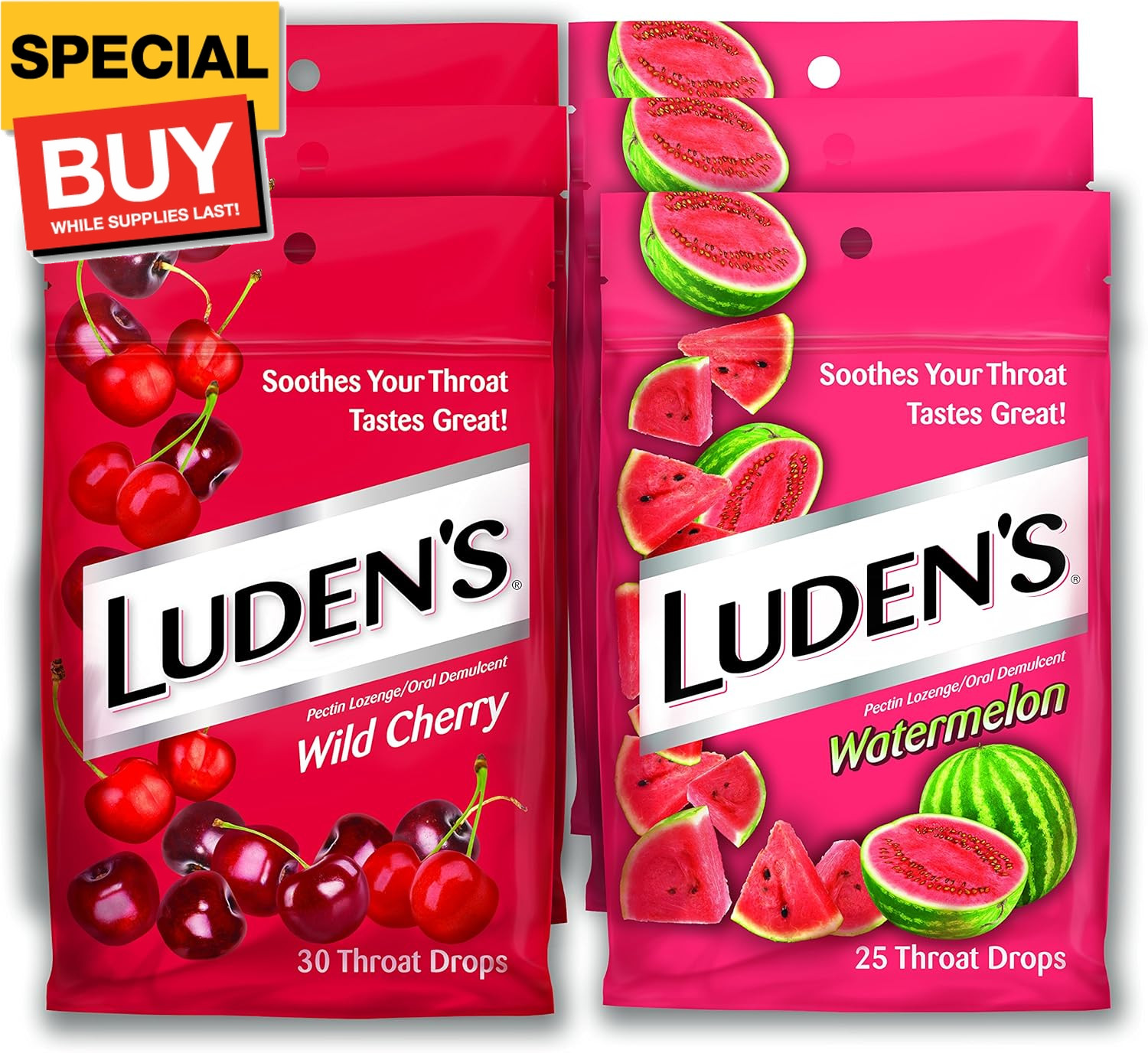 Luden's Wild Cherry & Watermelon Throat Drops | 30 & 25 Drops | 6 Bags