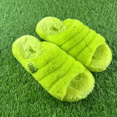 UGG Fluff You Slide Slippers Men s 8 Women 10 Key Lime Yellow Sheepskin EUC