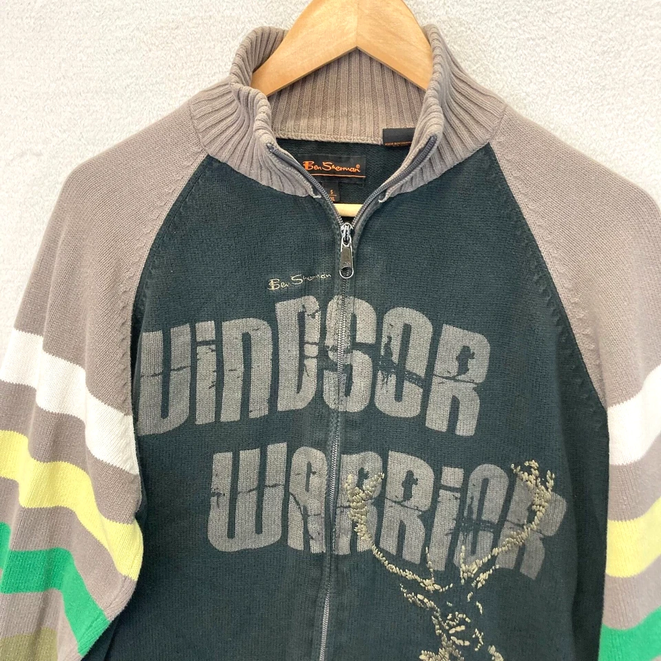 Cárdigan Suéter Ben Sherman Tejido Para Hombre XXL (XL) Gris Rayas Cremallera Bordado Ciervo Foto 2 de 4