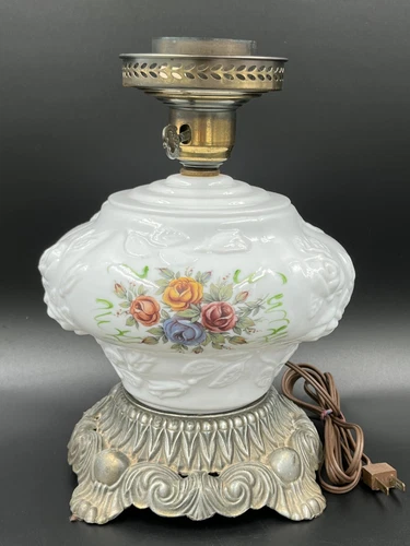 Vintage Hurricane Milk Glass Globe Floral Gone with the Wind Lamp Base