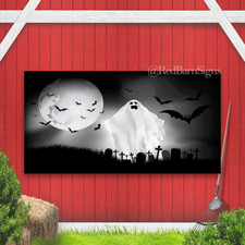 Spooky Halloween background with ghost in the graveyard banner