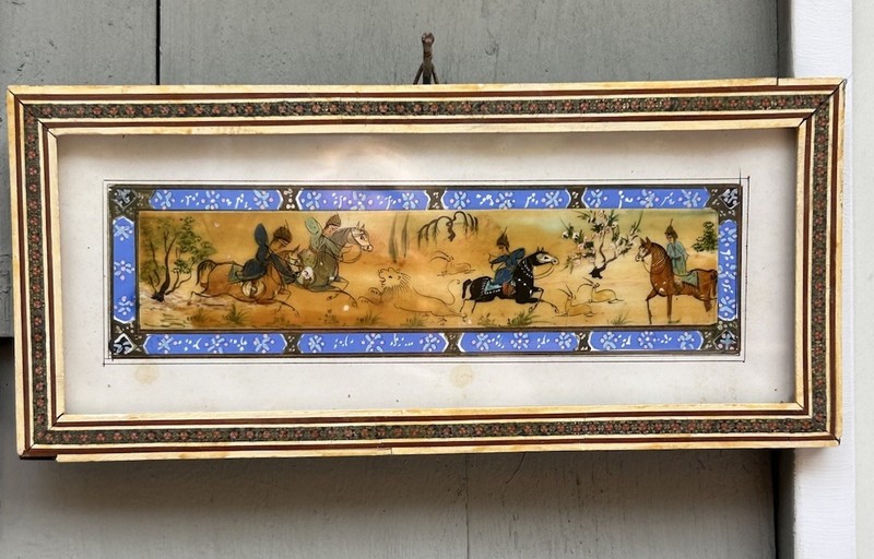 Vintage Persian Miniature Painting On Bone Khatam Marquetry