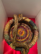 Vintage Basket Hand Woven MultiColored With Natural Wooden Handle Extreme Art