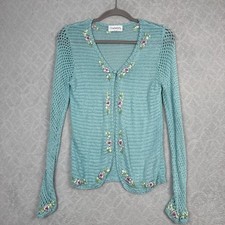 Vtg Crochet Knit Cardigan Sweater Women Small Blue Cottagecore Grandma Coquette