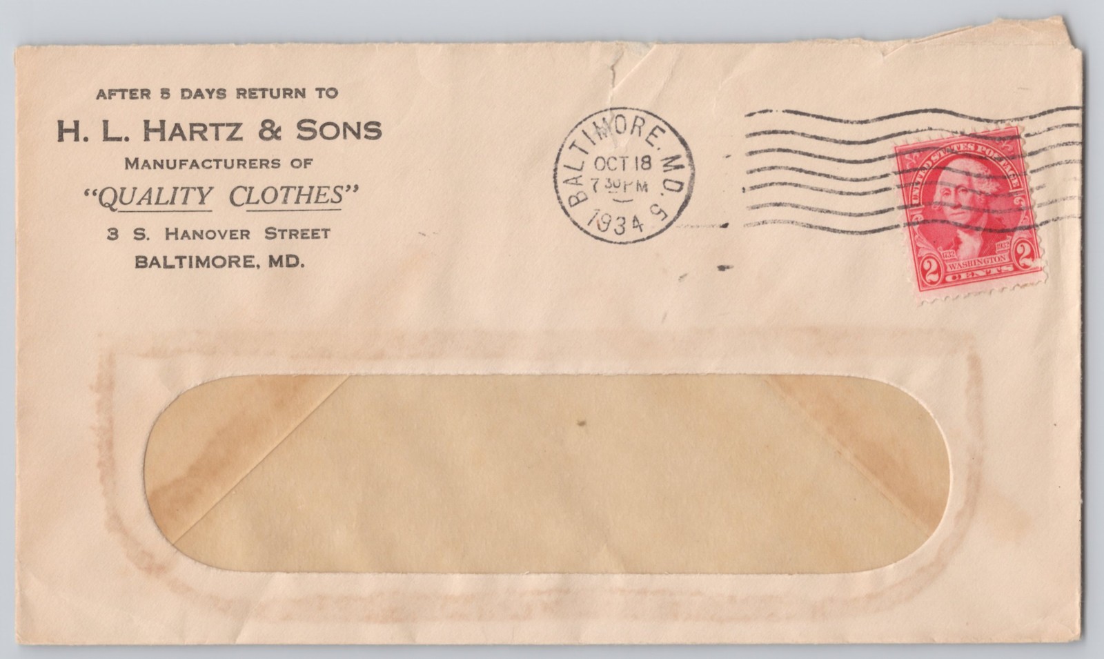 Baltimore, MD H. L. Hartz & Sons window envelope, 3 S Hanover St, canc. 1934