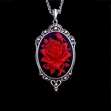 Red Rose Cameo Necklace, Red/Black, Vintage Victorian Antique Silver Pendant