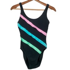 Vintage Mainstream Bathing Suit Size 10 Black Pastel Stripe Woven ILGWU Swim