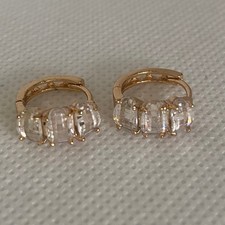 Gold Tone Huggie Hoop Earrings Baguette CZ Crystals Retro Style Hypoallergenic
