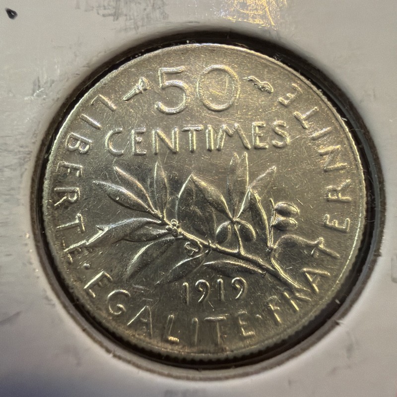 France 50 Centimes 1919 Cents Silver Coin Seme R97