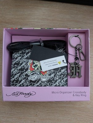 Ed Hardy Micro Organizer Crossbody & Key Ring Skull Flame Pink Black Gift Set
