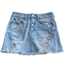 American Eagle Distressed Super Stretch Button Fly Denim Blue Jean Mini Skirt 2