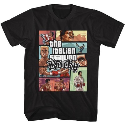 Rocky Szenen-Print T-Shirt Kurzarm Herren Schwarz 100% Baumwolle