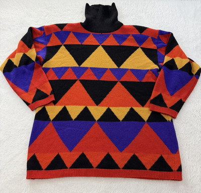 Neiman Marcus 100% Cashmere Sz M Vintage Turtleneck Sweater Orange Blue Diamonds