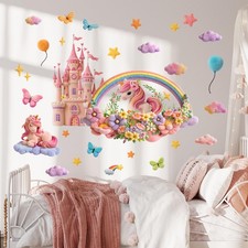 3D Soft Unicorn and Castle Wall Stickers Fairy Tale Rainbow Decal with Flower...