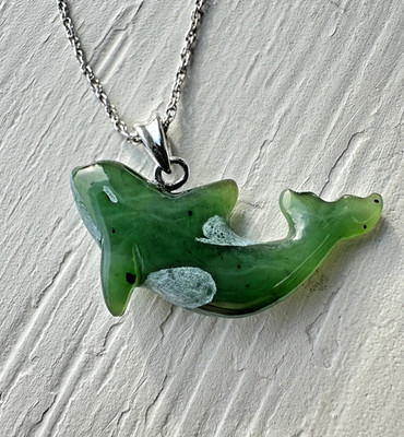 30mm Genuine Nephrite Canadian Jade Orca Whale Pendant w/ Sterling Silver Bail