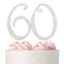 60 Cake Topper - Silver Rhinestone - 60th Birthday or Anniversary  Premium S...