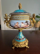 Classic Rococo-Inspired Teal Porcelain Jar with Cherub Bronze Handles