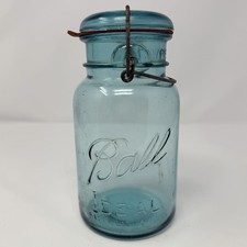 Antique Ball Ideal Aqua Blue Quart Jar Glass Lid Wire Bail Pat July 14 1908