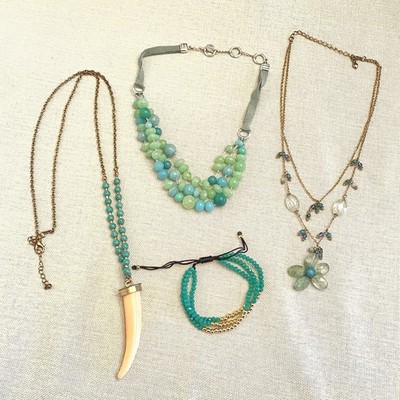 Boho Aqua Teal Blue Themed Jewelry Lot Floral Western Glass Necklaces Bracelet