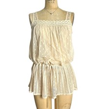 Vtg Express Cream Sheer Lace Dress Cottagecore Fairy Whimsical Tie Waist S