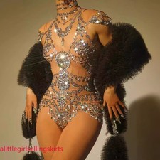 Women Mesh Transparent Sparkly Rhinestones Bodysuit Performance Dance Costume